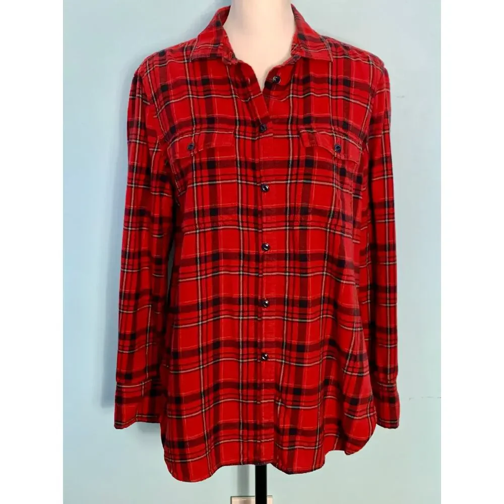 J. Crew Red and Black Windowpane Plaid Flannel Button Down Size 8